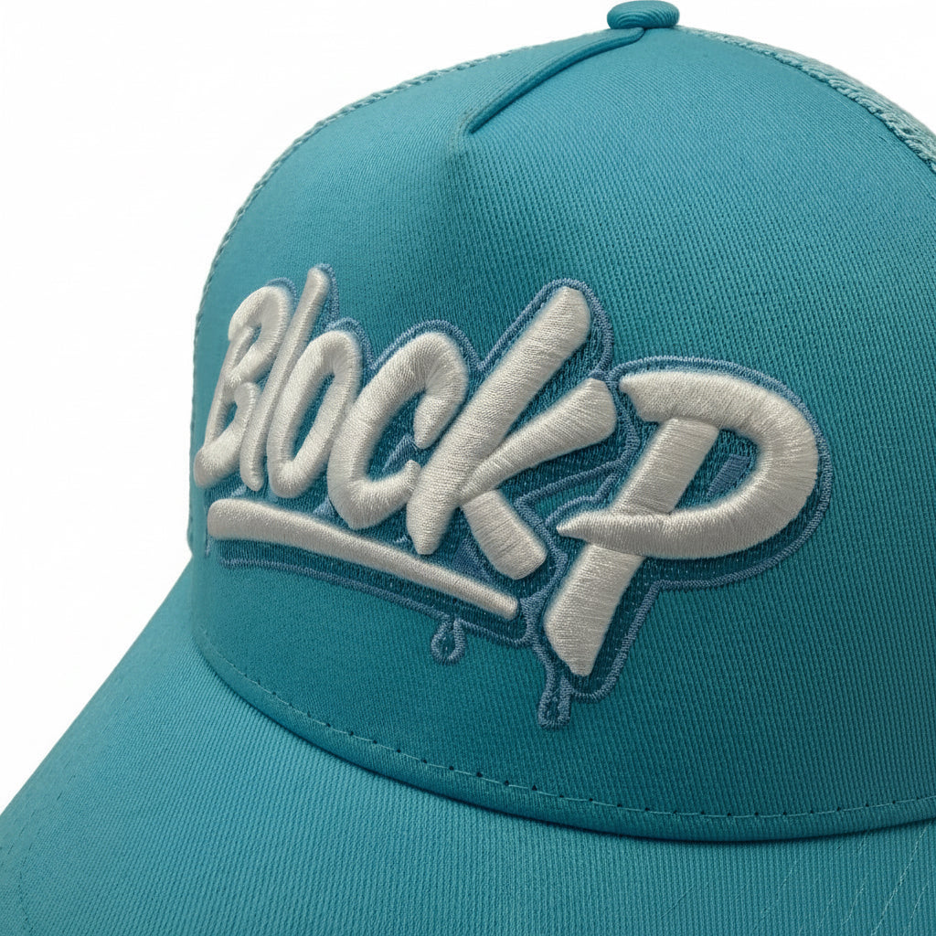 Block P Graffiti Light Blue Logo Cap rear view — Block P Liverpool
