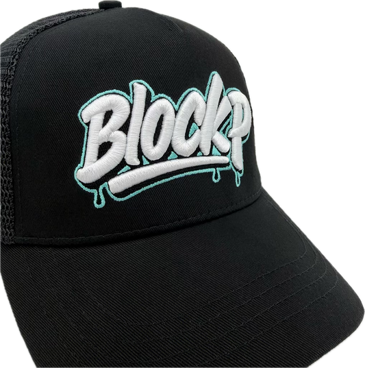 Block P Graffiti Teal Logo Cap rear view — Block P Liverpool