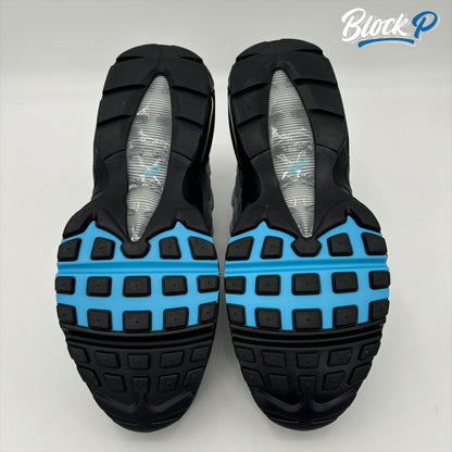 Close-up of the Nike Air Max 95 Baltic Blue sneakers, style code HM0622-003, available at The Block P, 36 Renshaw Street, Liverpool L1 4EF, a store specialising in rare Nike Air Max 95 trainers.