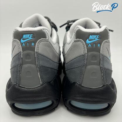 Close-up of the Nike Air Max 95 Baltic Blue sneakers, style code HM0622-003, available at The Block P, 36 Renshaw Street, Liverpool L1 4EF, a store specialising in rare Nike Air Max 95 trainers.