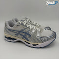 ASICS Gel-Kayano 14 White Navy in white and light navy — available at Block P Liverpool, 36 Renshaw Street L1 4EF