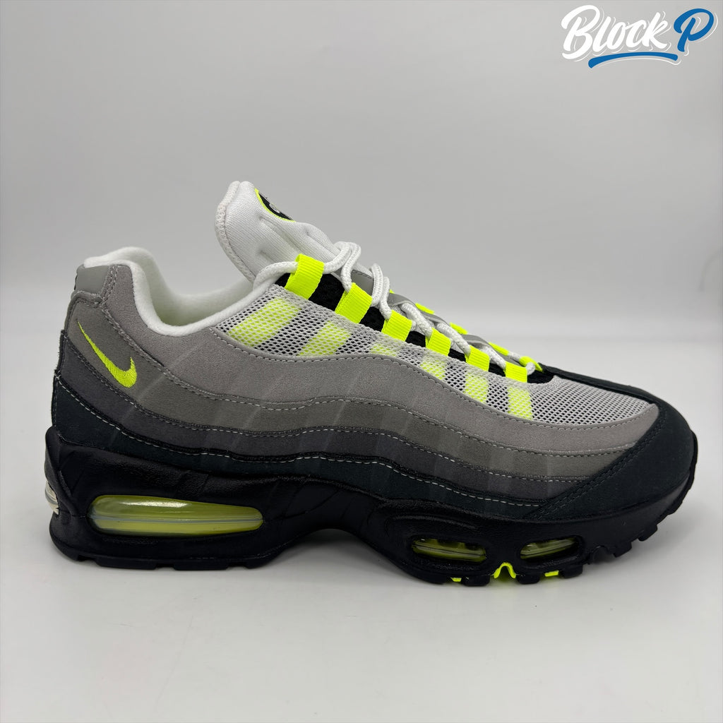 Nike Air Max 95 OG Neon 2025 side view grey, black and neon yellow.