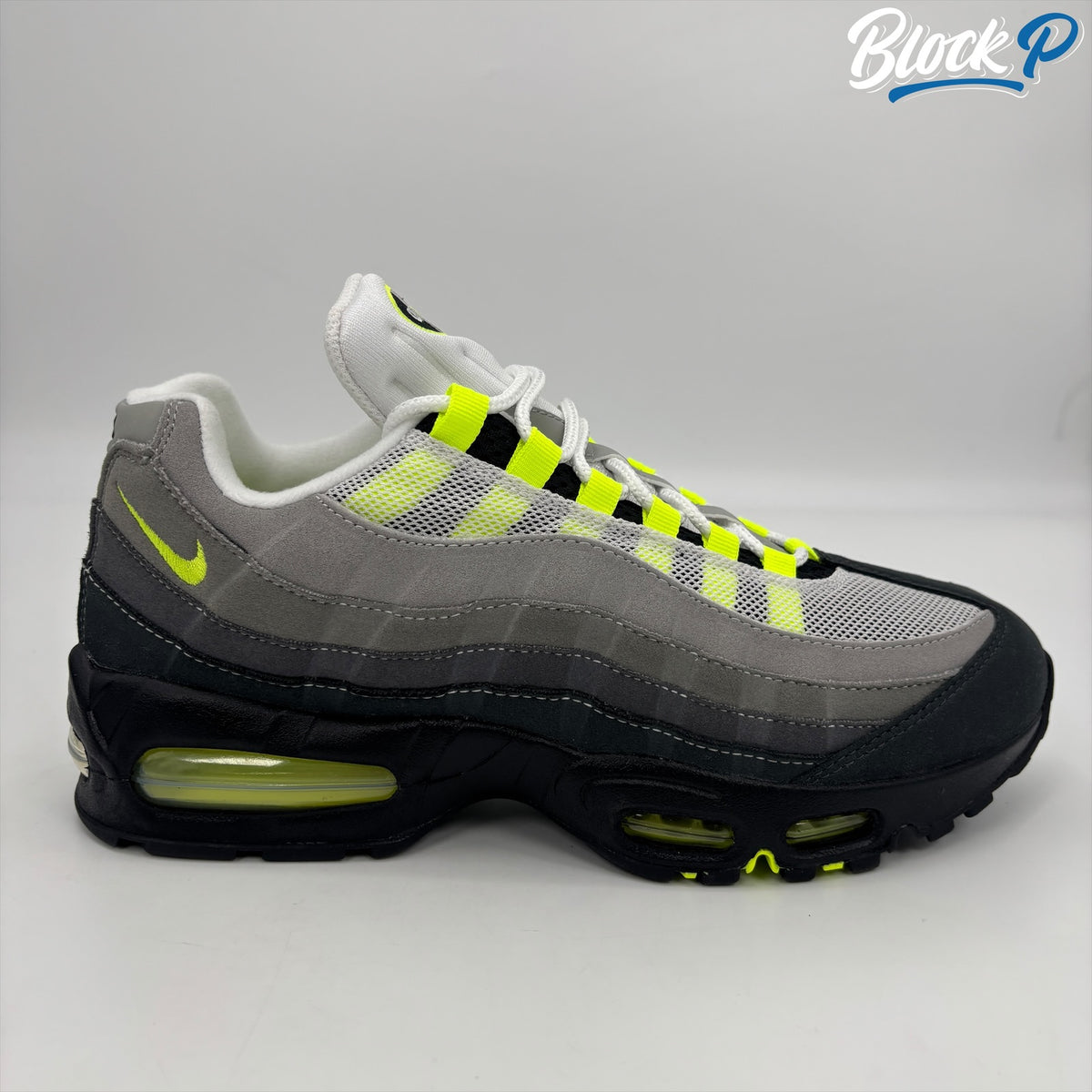 Nike Air Max 95 OG Neon 2025 side view grey, black and neon yellow.