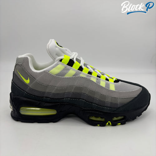 Nike Air Max 95 OG Neon 2025 side view grey, black and neon yellow.