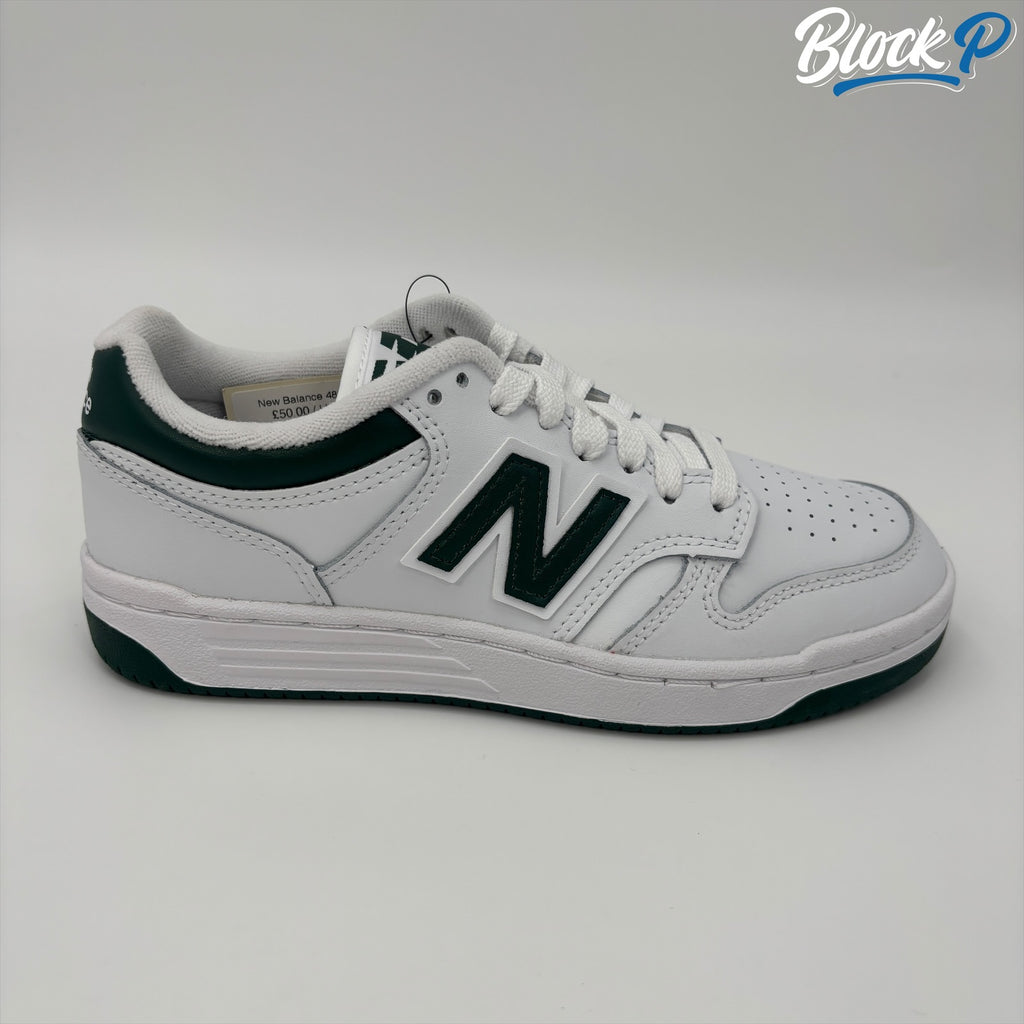 New Balance 480 White/Green side profile — Block P Liverpool