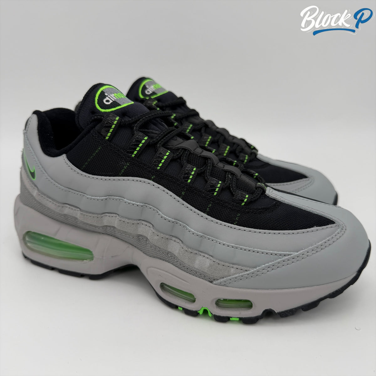 Nike Air Max 95 Racing Pack Green Strike in light smoke grey and green strike — available at Block P Liverpool, 36 Renshaw Street L1 4EF