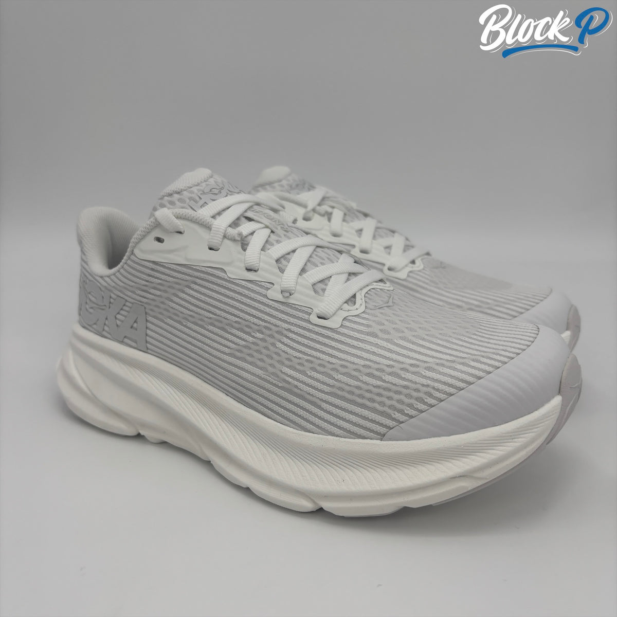 HOKA Clifton 9 White — available at Block P Liverpool, 36 Renshaw Street L1 4EF