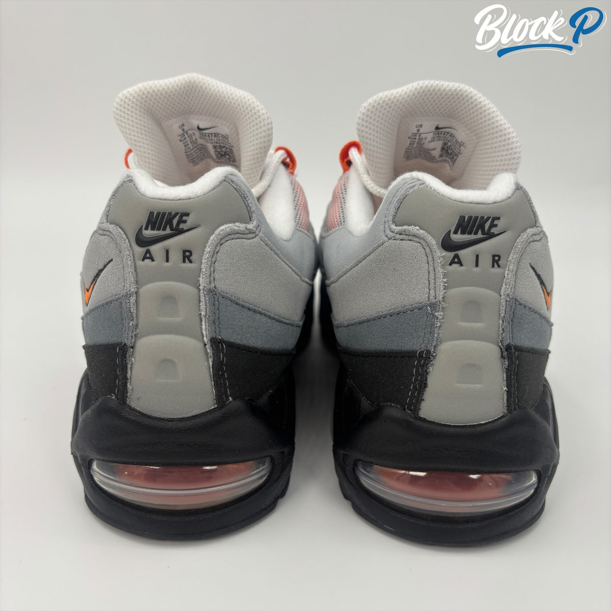 Nike Air Max 95 Mandarin 2025 heel detail, bright mandarin accent and bright mandarin big bubble