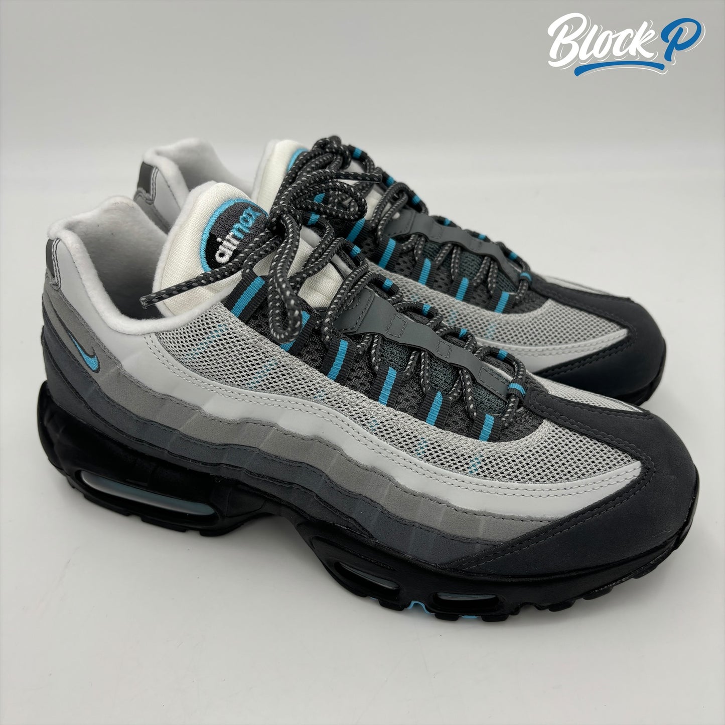 Close-up of the Nike Air Max 95 Baltic Blue sneakers, style code HM0622-003, available at The Block P, 36 Renshaw Street, Liverpool L1 4EF, a store specialising in rare Nike Air Max 95 trainers.