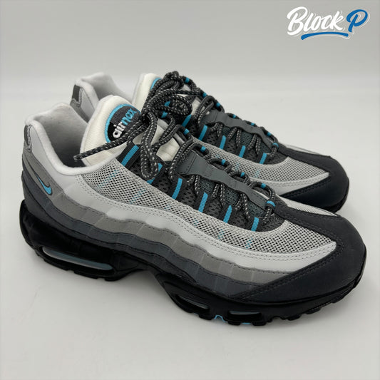 Close-up of the Nike Air Max 95 Baltic Blue sneakers, style code HM0622-003, available at The Block P, 36 Renshaw Street, Liverpool L1 4EF, a store specialising in rare Nike Air Max 95 trainers.
