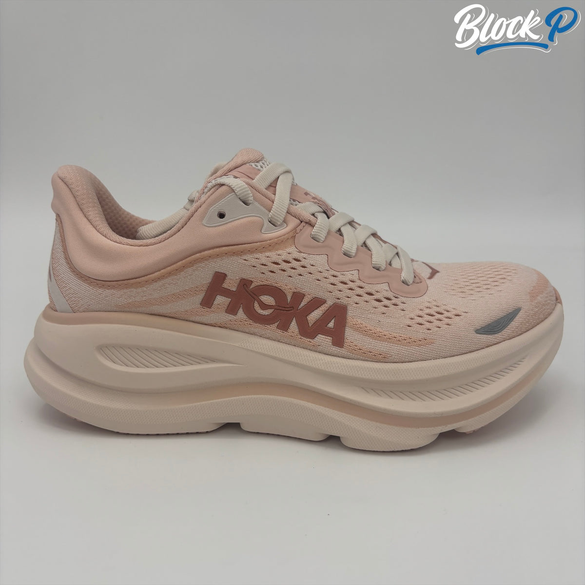 HOKA Bondi 9 Salmon Pink side profile — Block P Liverpool