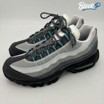 Close-up of the Nike Air Max 95 Baltic Blue sneakers, style code HM0622-003, available at The Block P, 36 Renshaw Street, Liverpool L1 4EF, a store specialising in rare Nike Air Max 95 trainers.