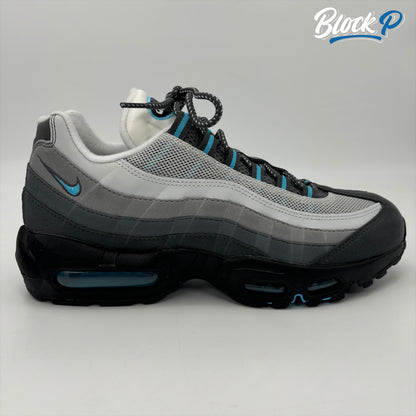 Close-up of the Nike Air Max 95 Baltic Blue sneakers, style code HM0622-003, available at The Block P, 36 Renshaw Street, Liverpool L1 4EF, a store specialising in rare Nike Air Max 95 trainers.