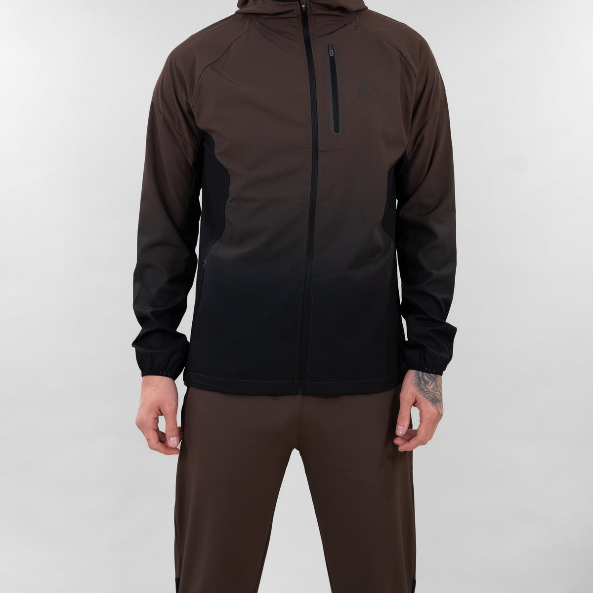 Flux SS26 Gradient Jacket Chocolate/Black rear view — Block P Liverpool