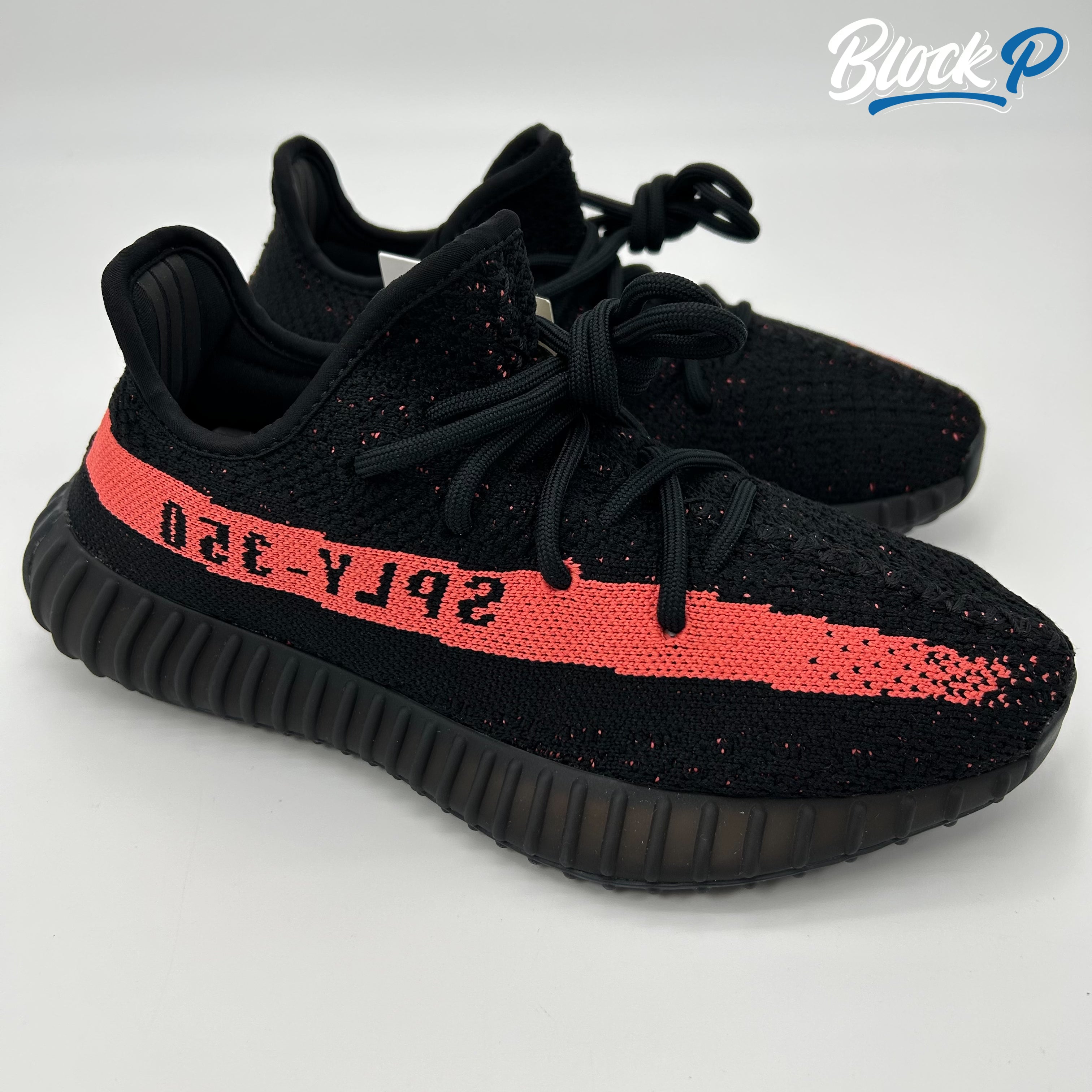 Adidas Yeezy 350 Boost Red Stripe front view — available at Block P Liverpool, 36 Renshaw Street L1 4EF