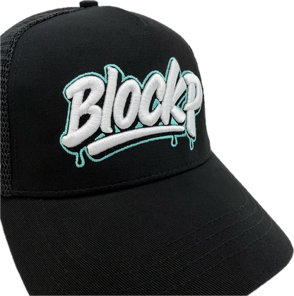 Block P Graffiti Teal Logo Cap rear view — Block P Liverpool