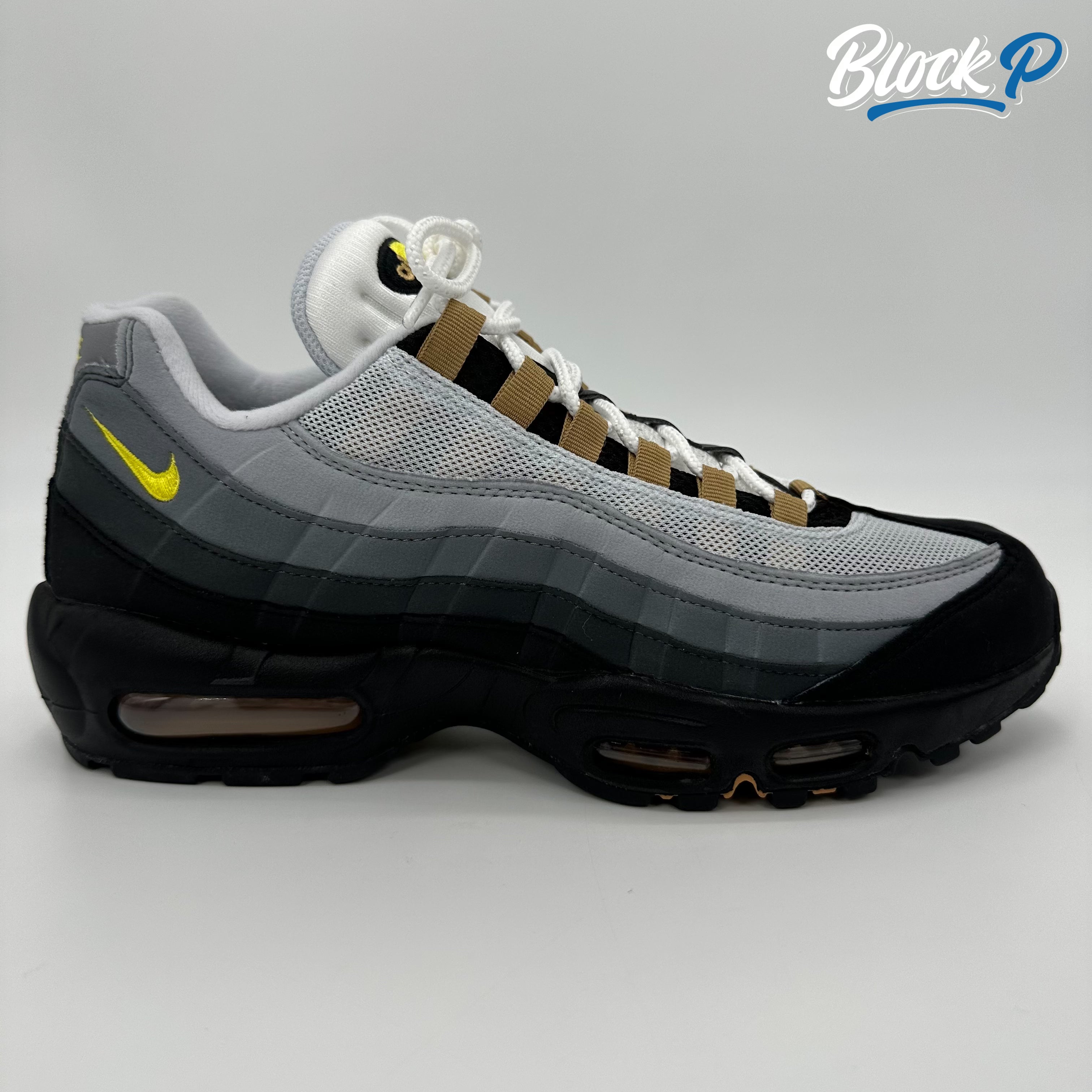 Nike Air Max 95 Icon Yellow Strike side profile — available at Block P Liverpool, 36 Renshaw Street L1 4EF. DX4236-100