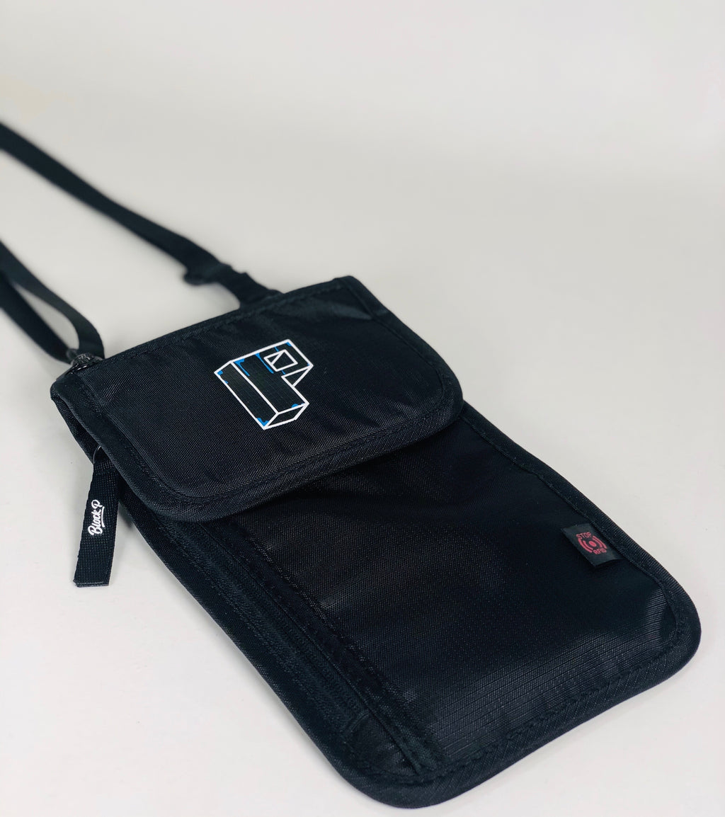 Block P Neck Pouch in black — 6-pocket design, available at Block P Liverpool, 36 Renshaw Street L1 4EF