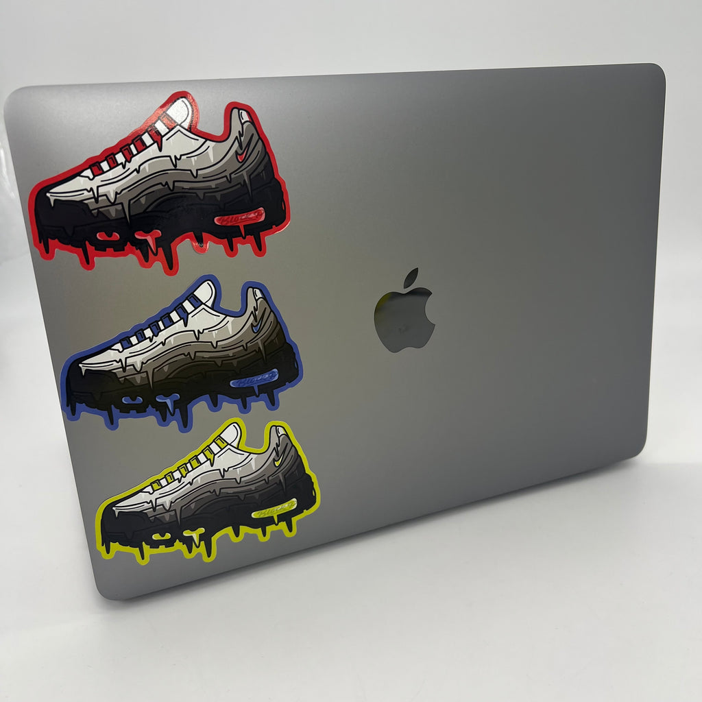 Block P Air Max 95 stickers detail — neon, blue and red colourways