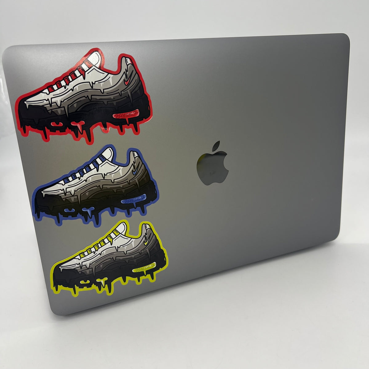 Block P Air Max 95 stickers detail — neon, blue and red colourways