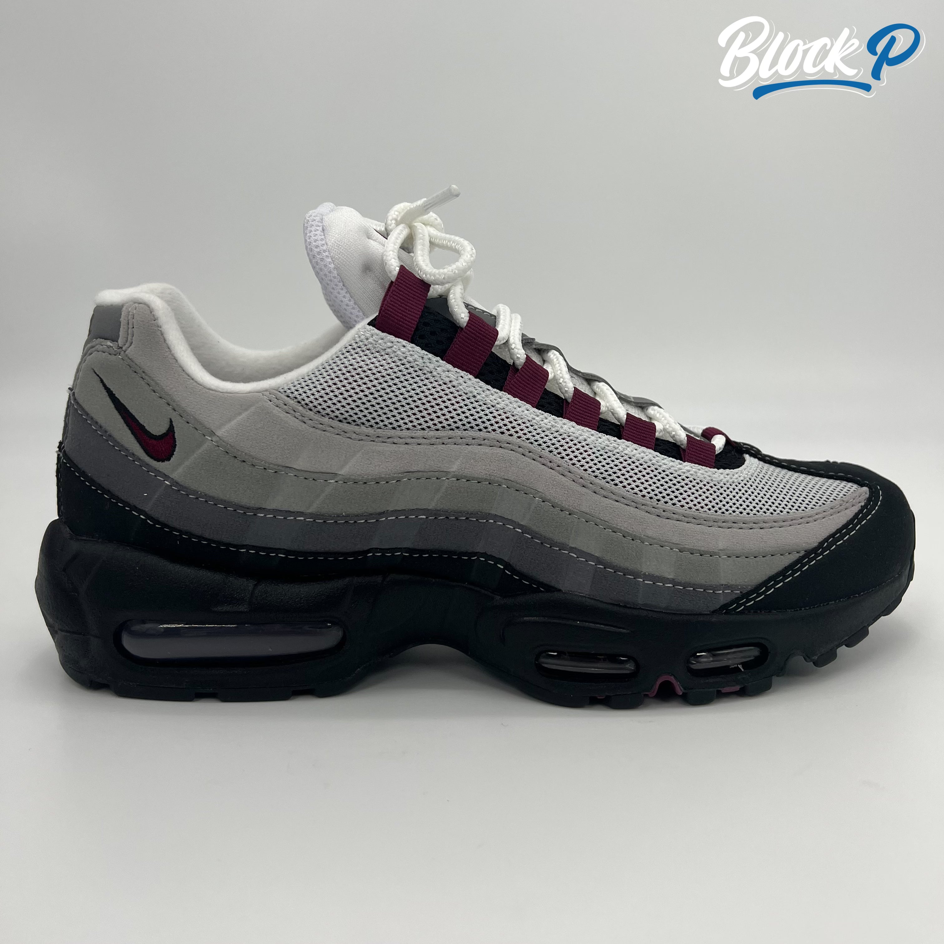Nike Air Max 95 Beetroot side profile — available at Block P Liverpool, 36 Renshaw Street L1 4EF. DQ9001-001